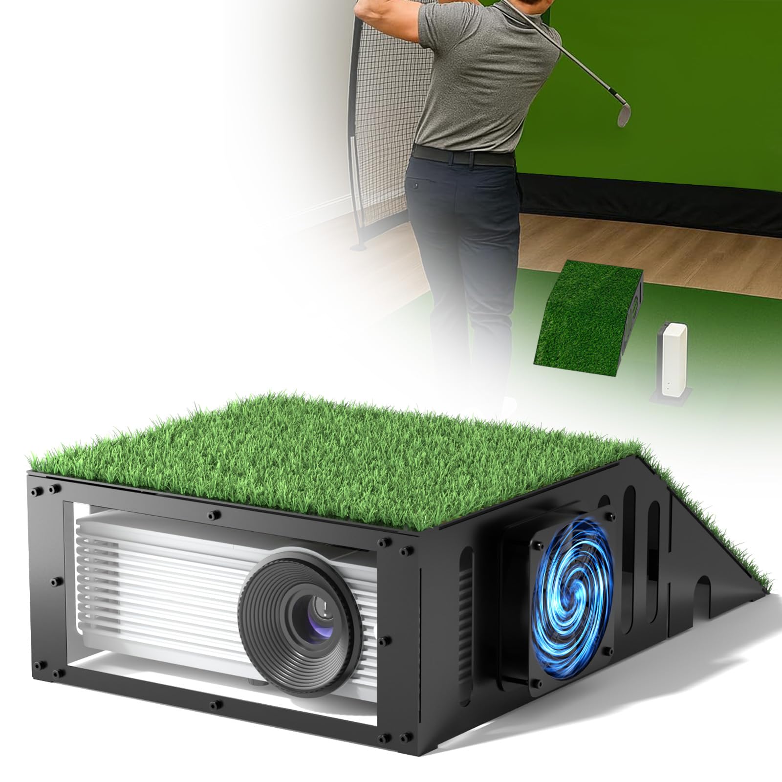 Photo 1 of Golf Simulator Projector Cover Enclosure with Turf - Heavy Duty Floor Mounted Golf Sim Enclosure with Quiet Cooling Fan- Total Protection for Your Simulation Setup
