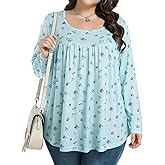 JULYCLO Plus Size Womens Tops Casual Tunic Pleated Blouses Long Sleeve Crew Neck Loose Fit Fall Fashion Shirts 1X-5X