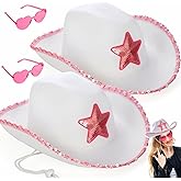 Noamus 2 Pack White Cowgirl Hat with Heart Sunglasses, Cowboy Hat with Pink Sequin Star, Preppy Cowgirl Costume Accessories with Adjustable Neck Draw String for Women, Halloween, Dress Up Party