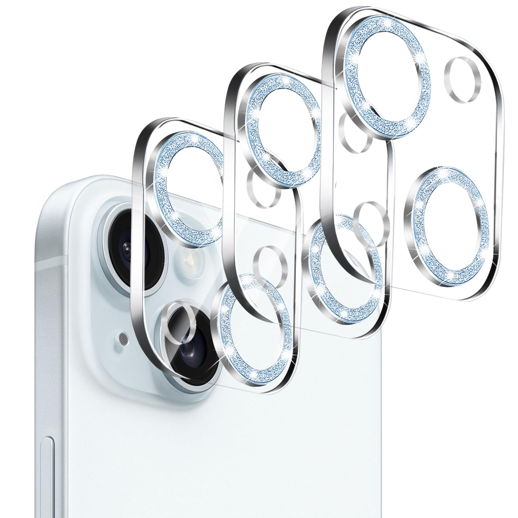 Dengduoduo 3 Pack Tempered Glass Camera Lens Protector for iPhone 15 6.1" & for iPhone 15 Plus 6.7", Bling Glitter, Ultra HD, 9H Hardness, Anti-Scratch, Case Friendly, Easy to Install
