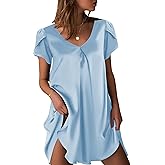Ekouaer Women's Satin Nightgown Short Sleeve Sleepdress V-Neck Sleepwear Loose Silk Sleepshirt