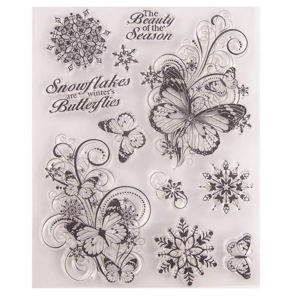 Merry Christmas Christmas Snowflakes Butterfly Christmas Greetings Sentiment Clear Stamps for Christmas Cards Making Decoration and Scrapbooking Rubber Stamps for Craft
