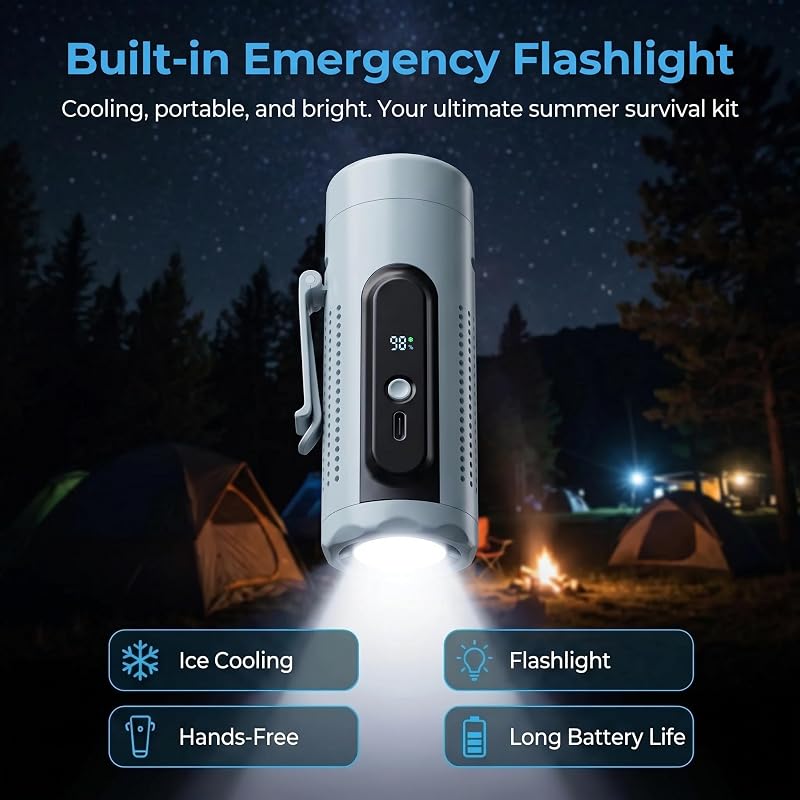 Mini Ventilateur Portable 3 en 1 à Main Rechargeable avec Plaque Rafraîchissante, 5 Vitesses, Écran LED, USB-C, Support, Clip Ceinture et Lampe pour Voyage Bureau Maison (Bleu) — photo 8 sur 8