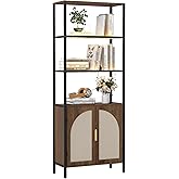 Suuiwau 5 Tier Rattan Bookshelf with LED Light, 71'' Tall Bookcase with Magnetic Door and Adjustable Shelf, Boho Book Shelf with Storage for Living Room, Bedroom, Home Office