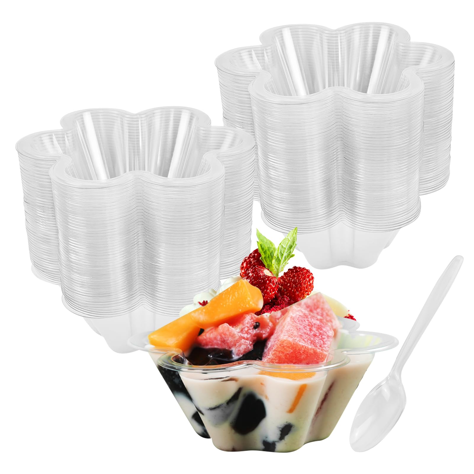 Photo 1 of CIEOVO 100 Pack Disposable Ice Cream Cups with Spoons, 8 oz Disposable Flower Shaped Party Favors Small Dessert Ice Cream Bowls for Ice Cream Yogurt Parfait Fruit Strawberry Shortcake