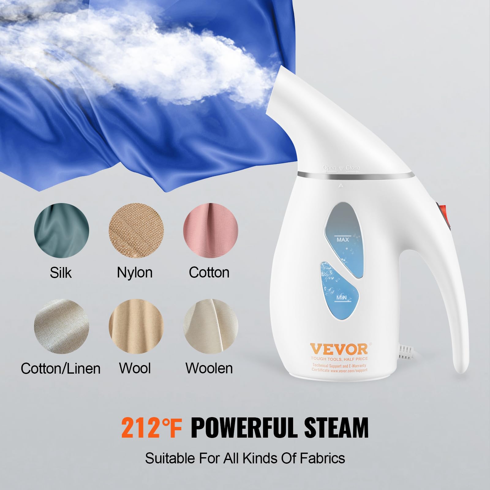 VEVOR Portable Handheld Fabric Steamer, 900W Quick Heat Steamer for Clothes, Wrinkle Remover Clothing Iron Intelligent Controller & Auto-Off & Large Detachable Water Tank, With Gloves, 240ml