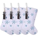 TWSANTAMAS 4PCS White Plush Christmas Stockings, 18 Inch Sequin Embroidered Snowflake Fireplace Hanging Stockings Set with Name Tags for Family Holiday Xmas Party Decorations(Blue Snowflake)