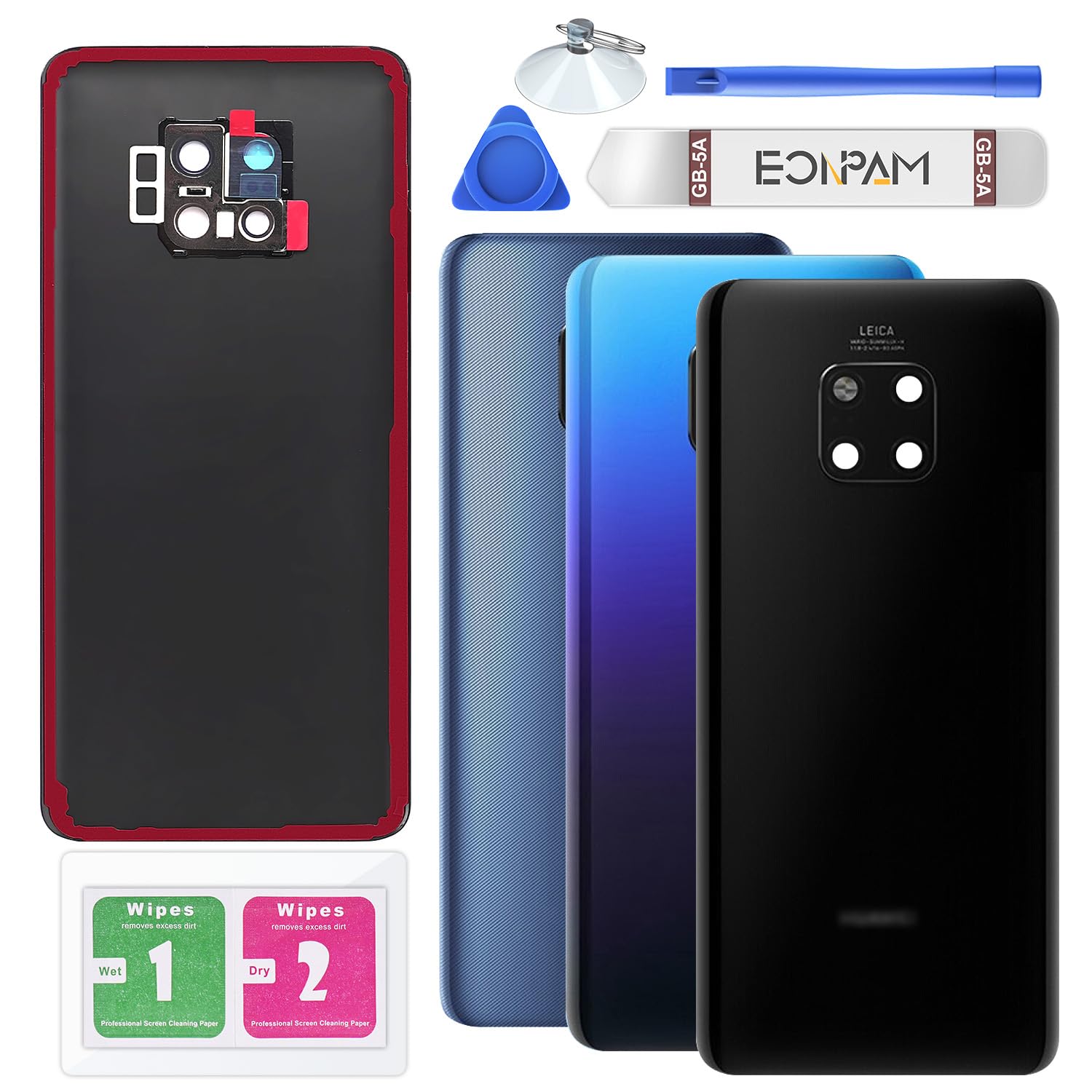 Eonpam Back Cover Glass for Huawei Mate20 Pro Rear Glass Replacement with Camera Lens + Repair Kit Genuine Rear Housing（Black）