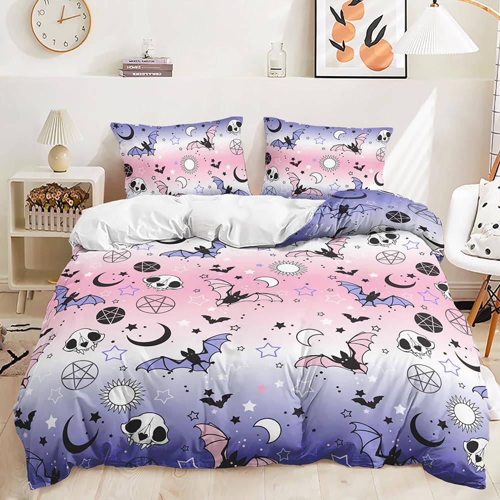 Lunoroey Girls Halloween Bedding Set Single Size Pink Purple Duvet Cover Set Ghost Bat Skull Pattern Halloween Room Decor Girls Bedding Sets — image 1