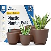 Brown Plant Pots with Drainage Holes & Saucers 15 Pack, Indoor & Outdoor Stackable Space-Saving Planters for Houseplants & Fl