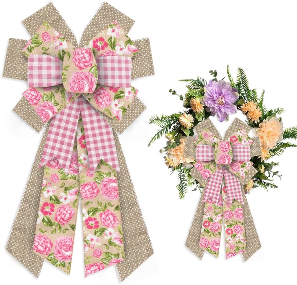 Bows & Ribbons - Large Spring Wreath Bows Pink Roses Flowers Burlap Bows for Wreath, Pink White Plaid Brown Ribbon Bows Spring Retro Flowers Decor Bows for Springtime Indoor Outdoor Decoration Wreath Ornament Supplies