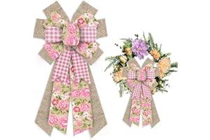 ON-AIRSTORE Large Spring Wreath Bows Pink Roses Flowers Burlap Bows for Wreath, Pink White Plaid Brown Ribbon Bows Spring Retro Flowers Decor Bows for Springtime Indoor Outdoor Decoration Wreath Ornament Supplies