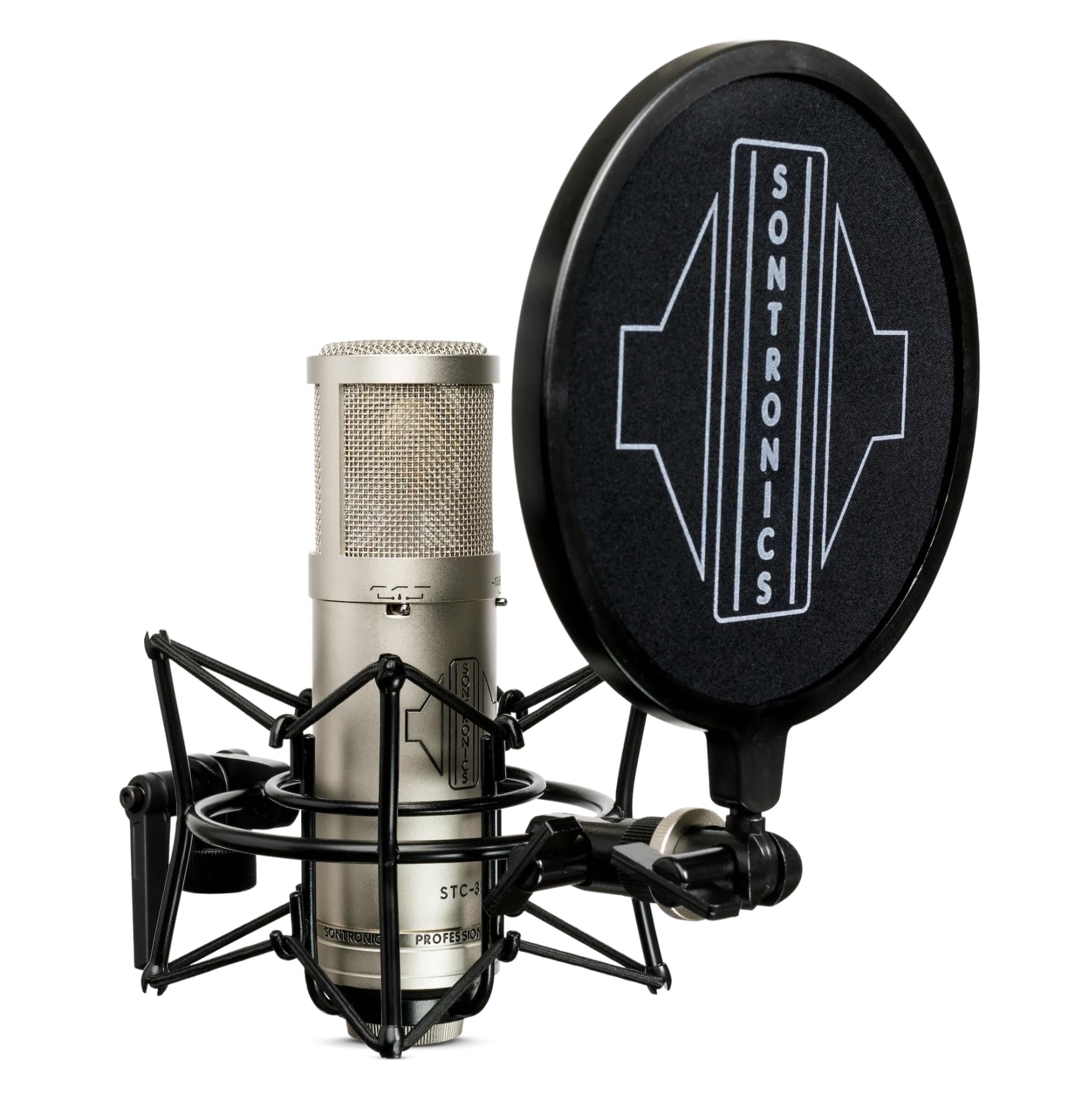 SONTRONICS STC-3X Professional 3-Pattern LDC XLR Studio Condenser Microphone. Broadcast, Podcast & Recording Vocals. Shock Mount, Pop Shield & Cable. Lifetime Mic Warranty - Designed in UK – Silver