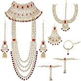 Aheli Traditional Wedding Indian Bharatanatyam jewellery set Long Choker Necklace Earrings Maang Tikka Nath Paasa Hath Phool Gift for Women