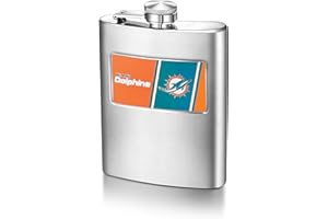 MATCH-UP PROMOTIONS NFL Miami Dolphins 8-Ounce Matte Finished Stainless Steel Hip Flask with Rectangular Team Emblem and Funnel