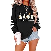Halloween Sweatshirt Women Ghost Pumpkin Crewneck Long Sleeve Pullover Tops | Tis the Season Sweatshirt Funny Spooky Season Shirts for Women, Soft Cotton Blend Fabric, Suitable for Fall & Winter
