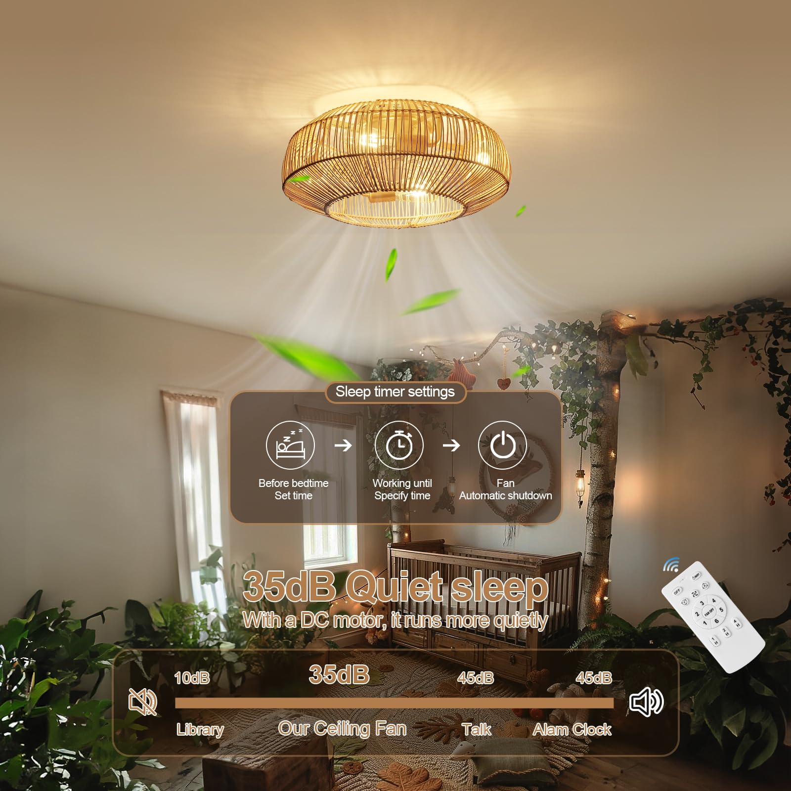 20'' Boho Rattan Ceiling Fan with Light, Coastal Caged Ceiling Fans with Lights and Remote Control, Enclosed Hidden Flush Mount with Reversible 6 Speeds for Living Room Bedroom Nursery