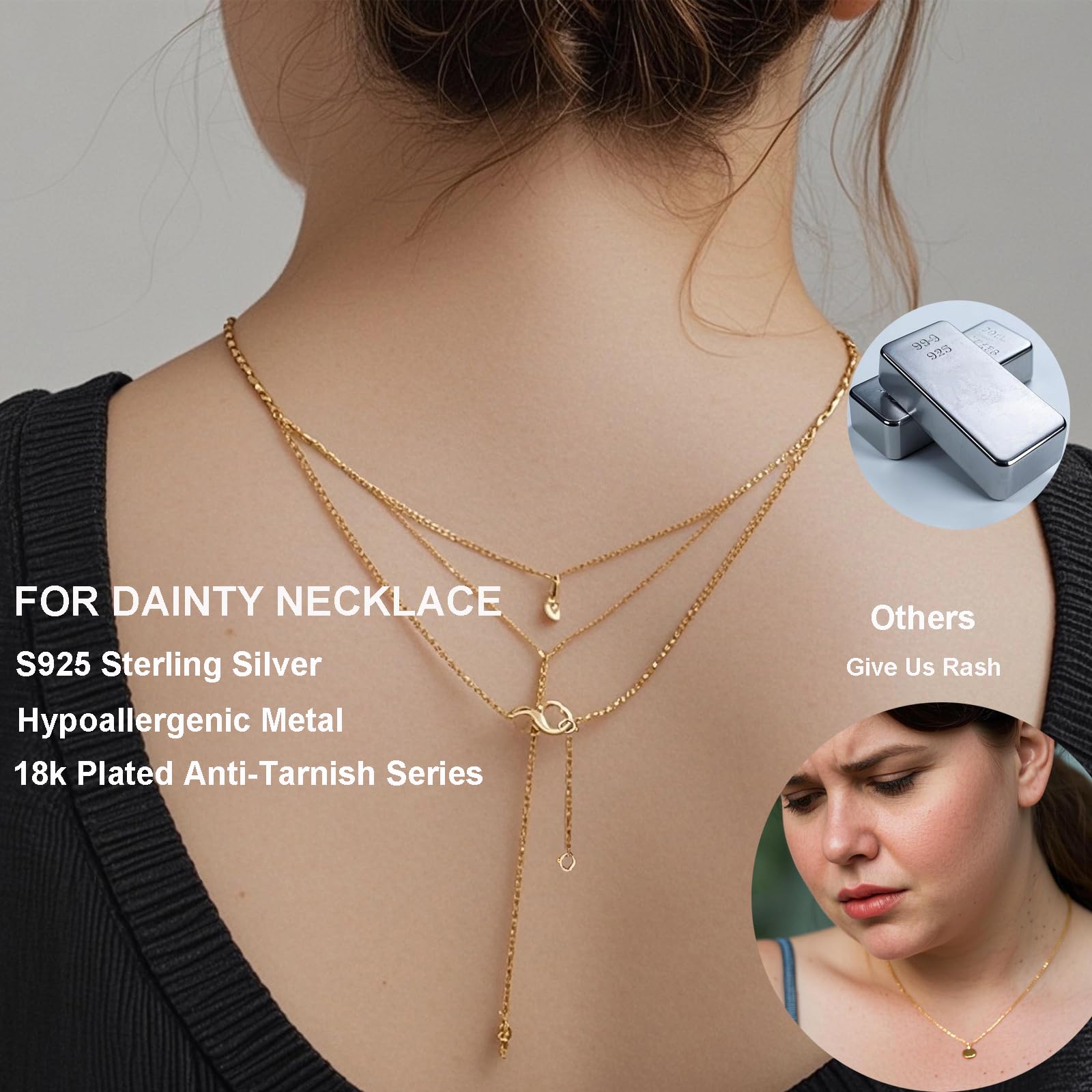 Gold Necklace Extender Chain for Women 18k Plated Sterling Silver Extension Bracelet Safety Link for Delicate Jewelry 2.3