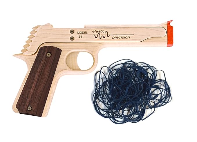Wooden semi-automatic rubber band gun to use as a toy or stress reliever