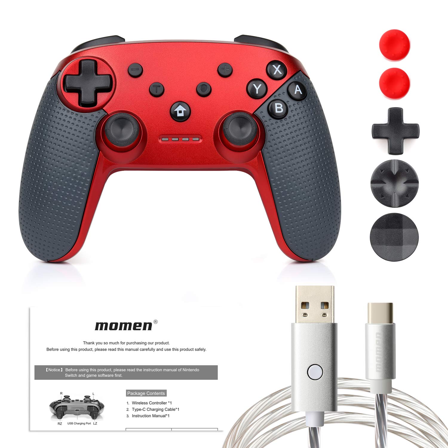 Switch Pro Controller,Wireless Switch Controller for Nintendo Console,with LED Type C Charging Cable(Red)