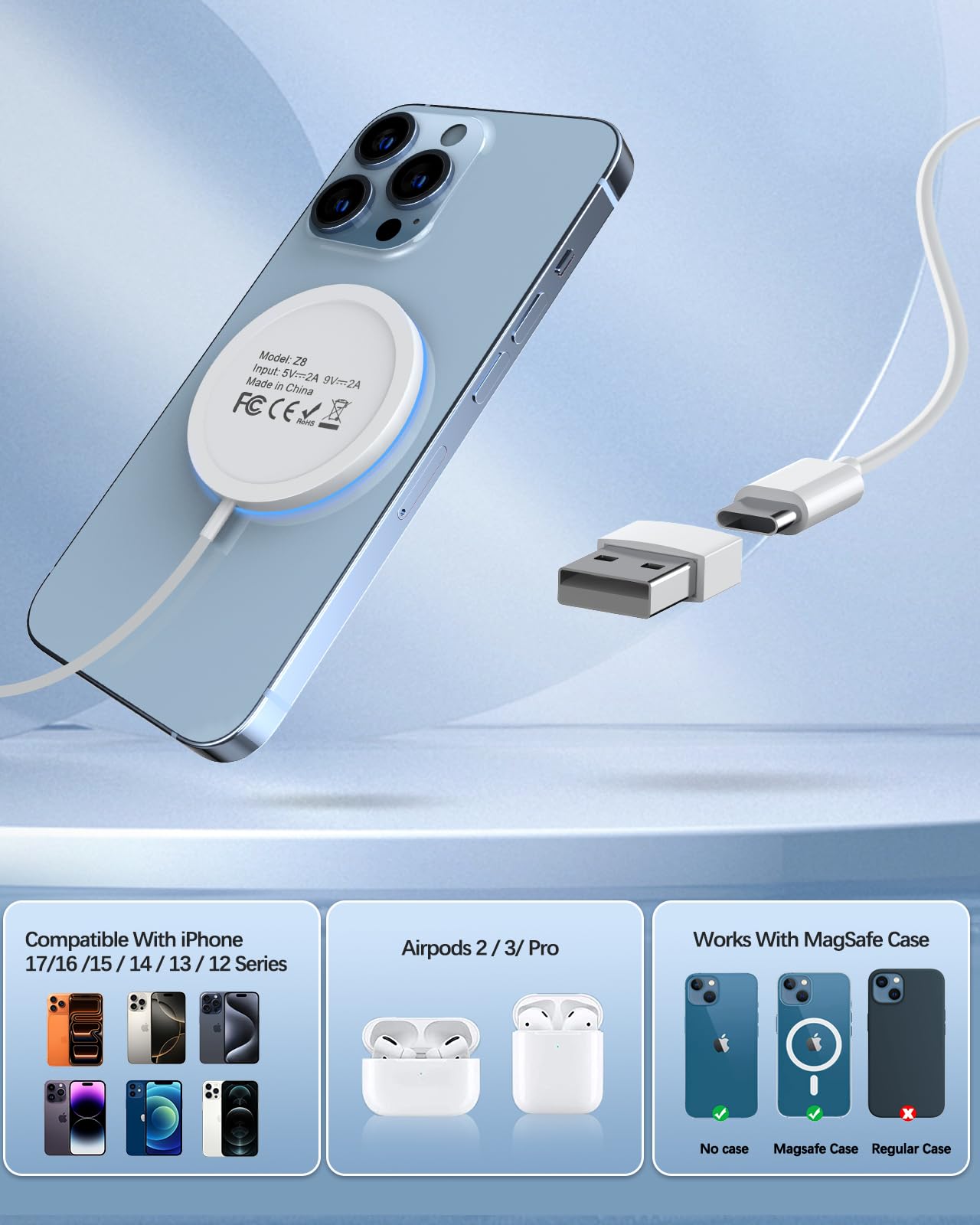 Magnetic Wireless Charger 15w Apple Mag-Safe Charger for iPhone 17 Pro Max/17 Pro/17Air/17/16/15/14/13/12 Series AirPods Series LED Magnet Charging Pad Mag Safe Charger with Dual Charging Ports