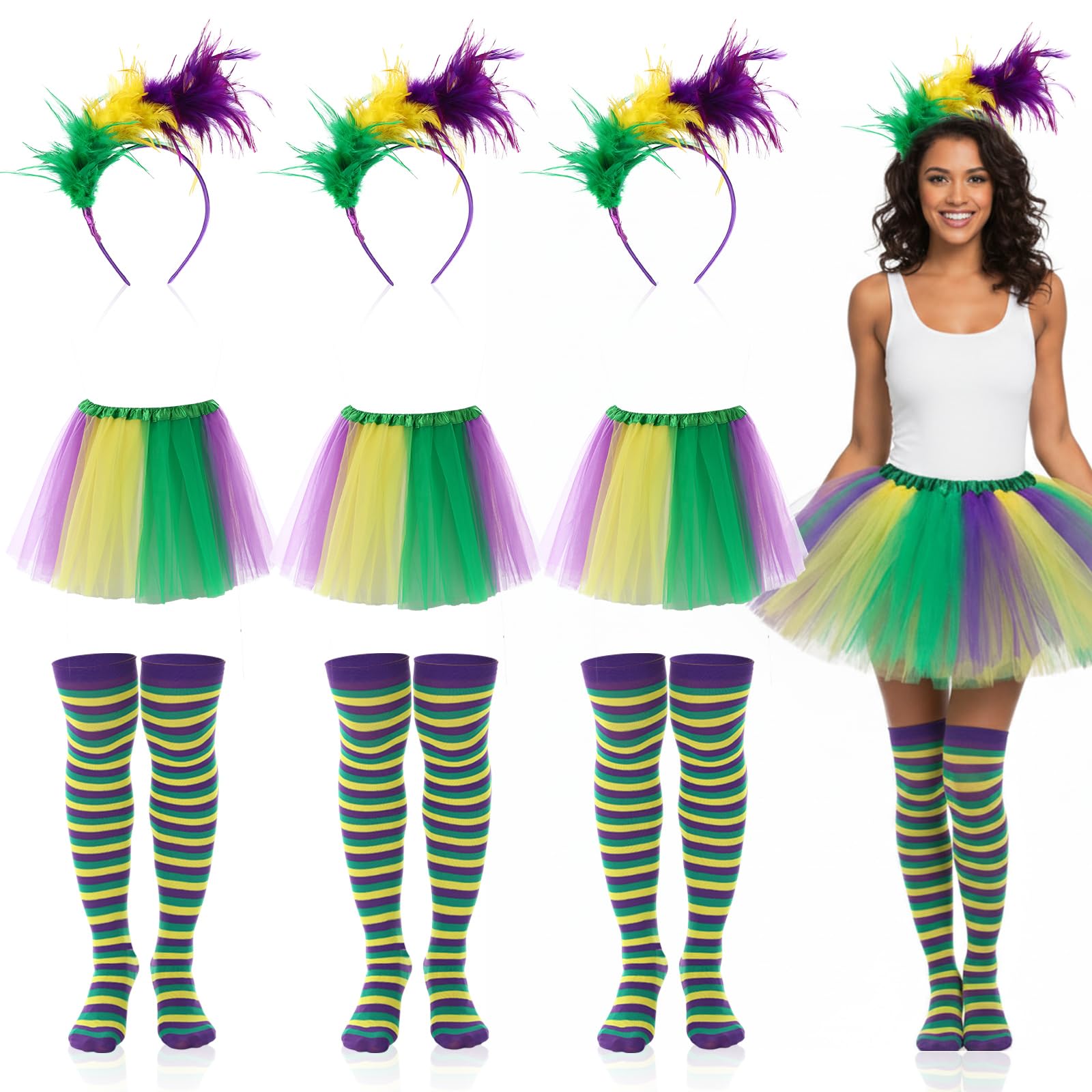 Photo 1 of Shyyween 3 Set Mardi Gras Tutu Set Women Mardi Gras Costume Outfit Tulle Tutu Skirt Leg High Socks Faux Feather Headband for Carnival Masquerade Party Cosplay