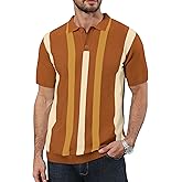 Ryehack Mens Casual Polo Shirts Knit Short Sleeve Vintage Striped Button T-Shirt Slim Fit Golf Vacation Shirt