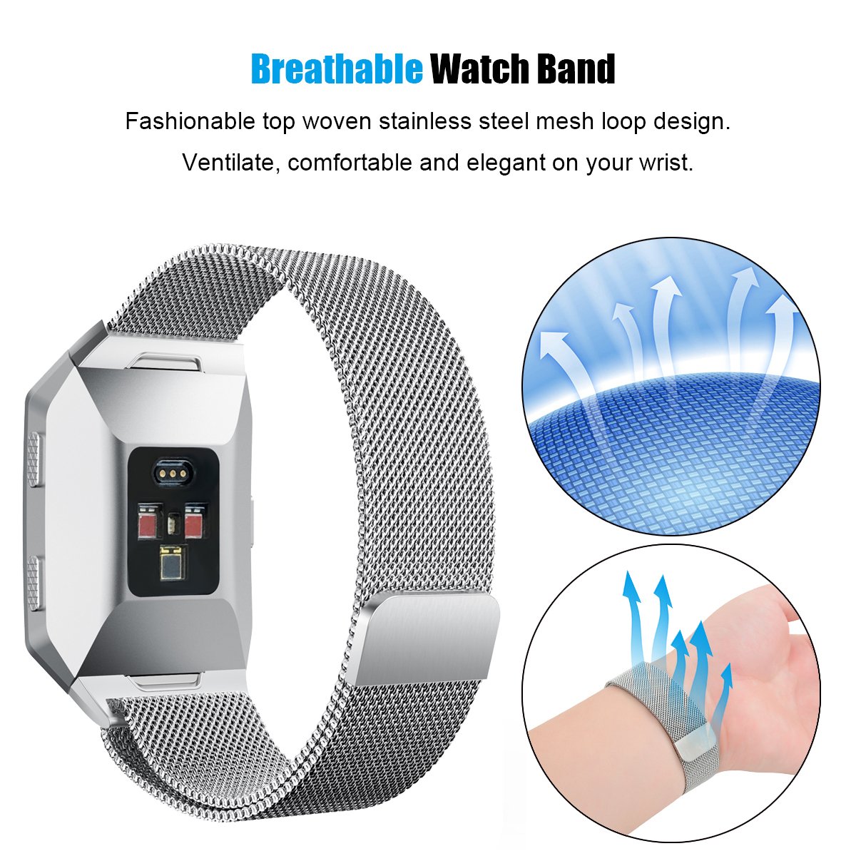 Fitbit Ionic Bands, BOCOL Stainless Steel Milanese Loop Metal Replacement Band with Unique Magnet Lock Accessories for Fitbit Ionic Small Large (Silver/Large)