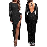 Long Sleeve Sparkly Mesh Dress Bodycon Maxi Side Split Tie Wedding Guest Formal Long Fall Dresses for Women 2025