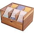 Large Tea Organizer 2 Tier with Drawer by HTB, Tea Bag Organizer with Acrylic Transparent Hinged Lid, 9 Compartments Wooden Tea Bag Holder for Home, Office, Tea Parties