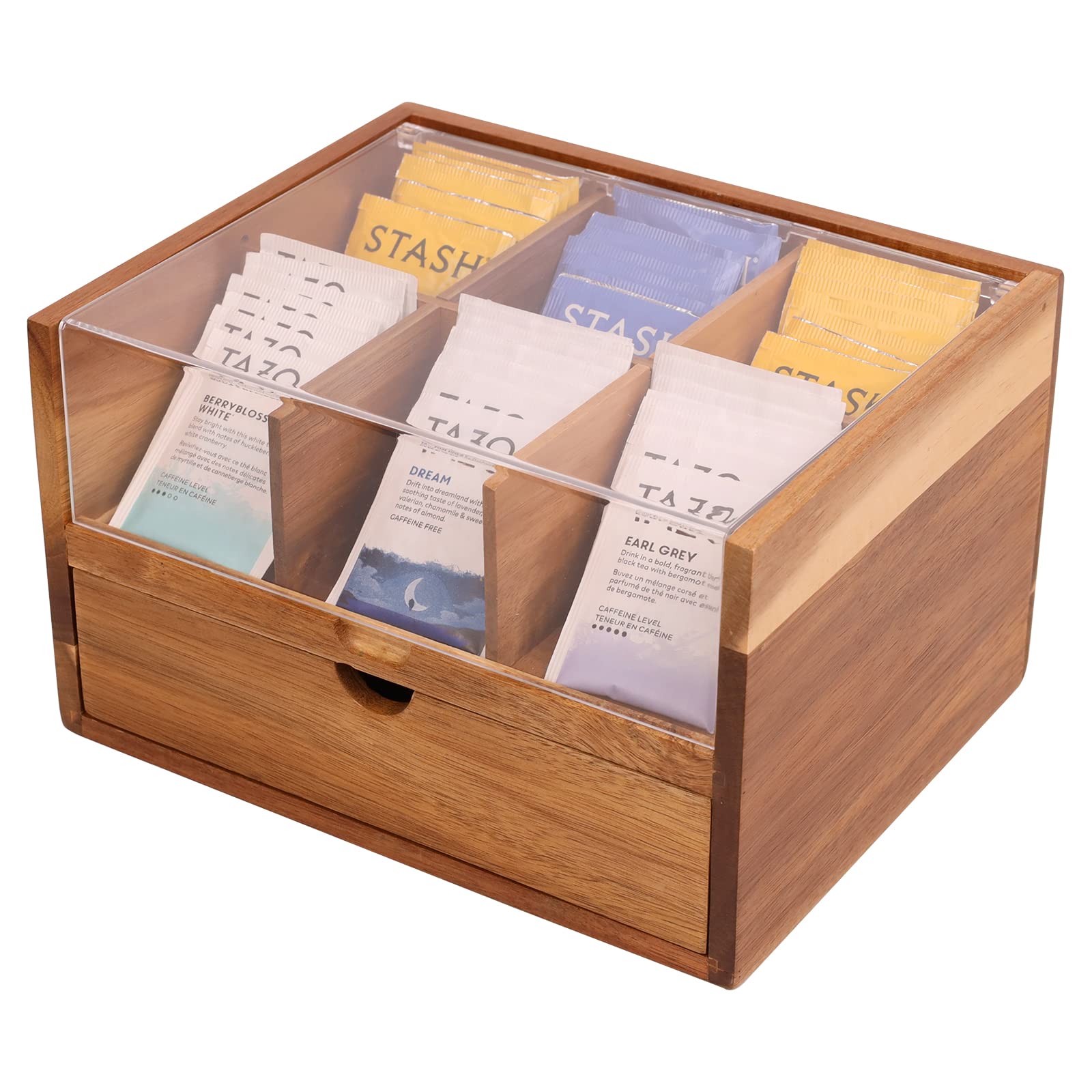 Photo 1 of Large Tea Organizer 2 Tier with Drawer by HTB, Tea Bag Organizer with Acrylic Transparent Hinged Lid, 9 Compartments Wooden Tea Bag Holder for Home, Office, Tea Parties
