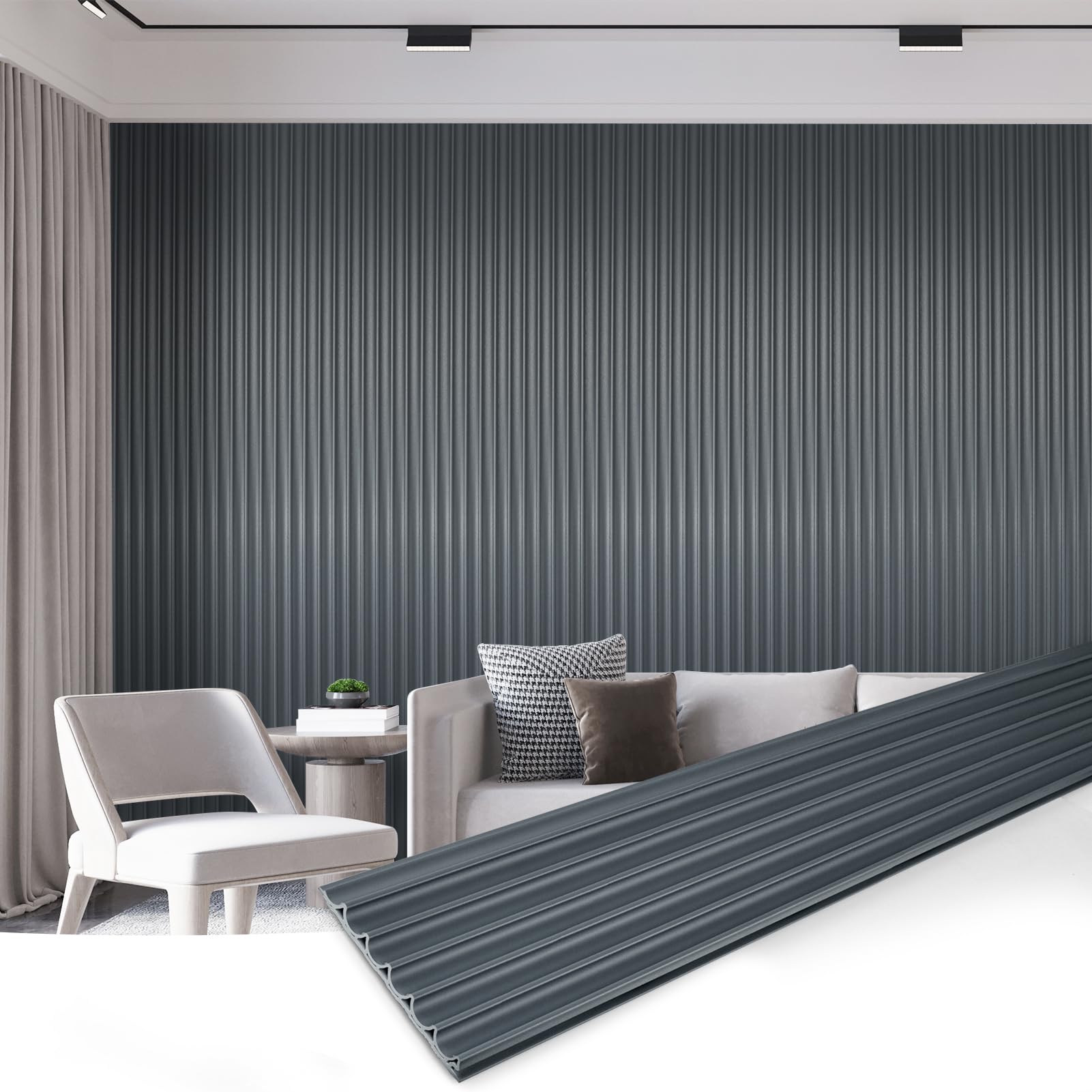 Photo 1 of *BROKEN* Art3dwallpanels Slat Wall Paneling, 104'' x 6.3'' Glossy Metal Finish WPC Soundproof 3D Wall Panels for Interior Wall Decor, 8 Pack Wavy Grain Panel Wall Slats, Metallic Silver Dark Gray
