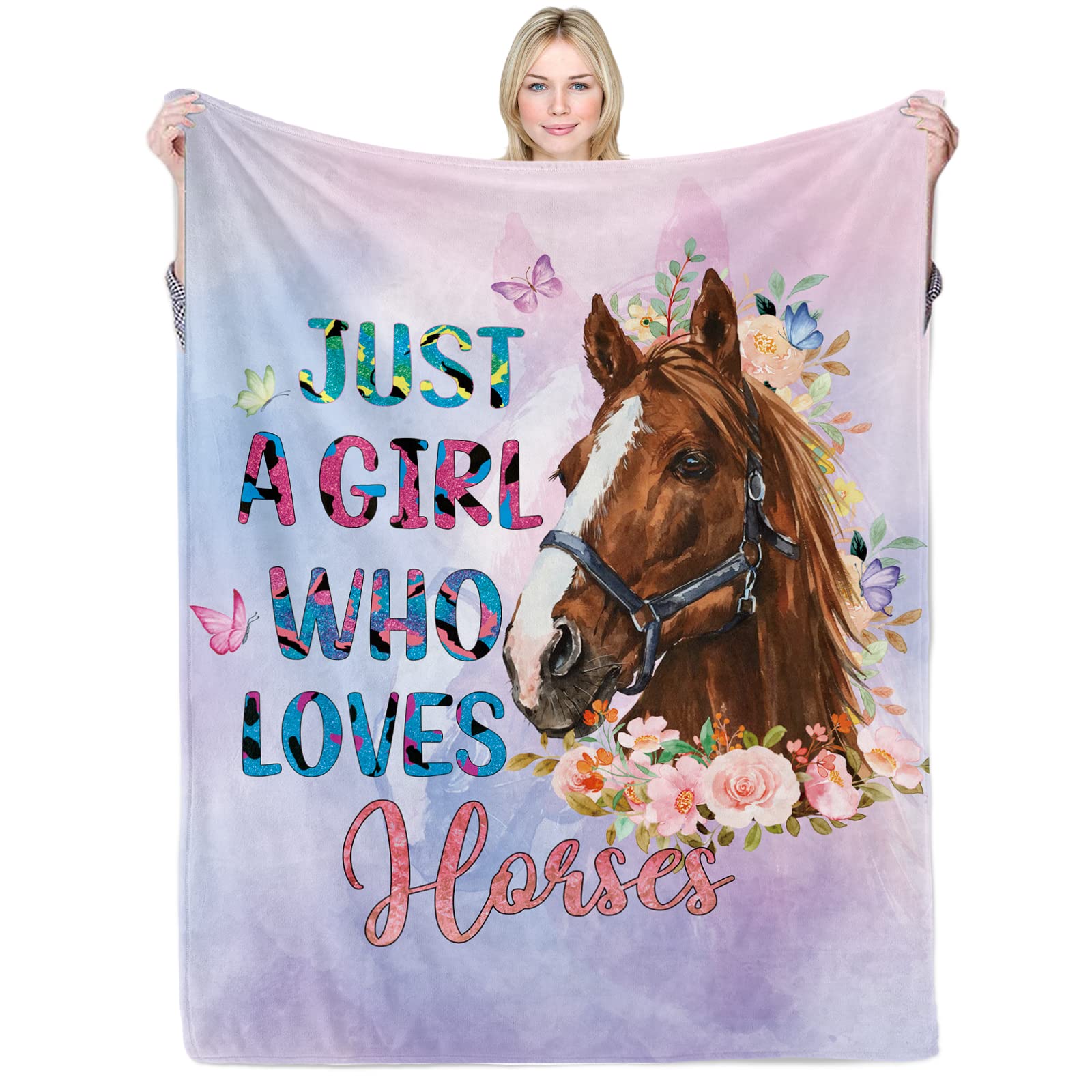 Domgoge Just a Girl Who Loves Horses Blanket for Girls Horse Flower Throw Blankets Gifts for Women Light Pink Purple Warm Lightweight Flannel Fleece Blanket for Sofa Couch All Season, 150cm x 200cm