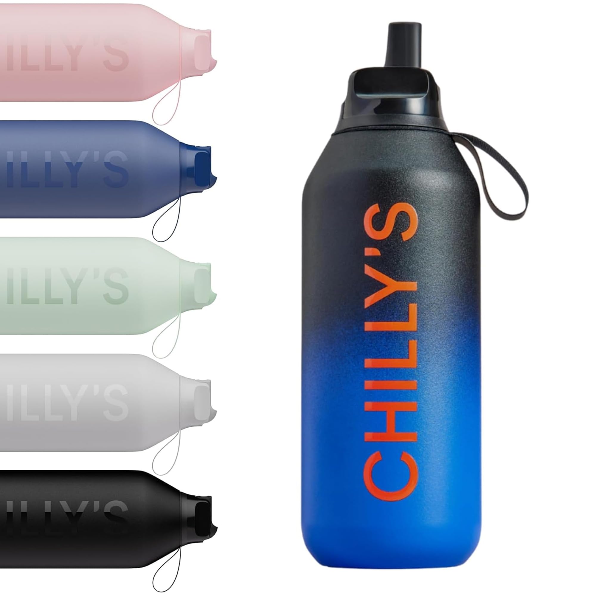 Chilly's Series 2 Flip Bottle with Sports Flip Lid, Telescopic Straw and Nylon Carry Loop - Easy Flip Lid, Straw Cleaning Brush Included - 500ml - Ombre Black Blue