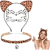 Veerady Women Leopard Print Cat Ear Headband Face Sticker Set Halloween Cosplay Party Accessories