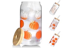 ANOTION Fall Glass Cups - Color Changing Cups with Lids and Straws Unique Autumn Decor & Iced Coffee Cup Fall Decor Pumpkin Mug with Pumpkin Decor Thanksgiving Fall Wedding Tumbler Fall Mugs, 1 Pack
