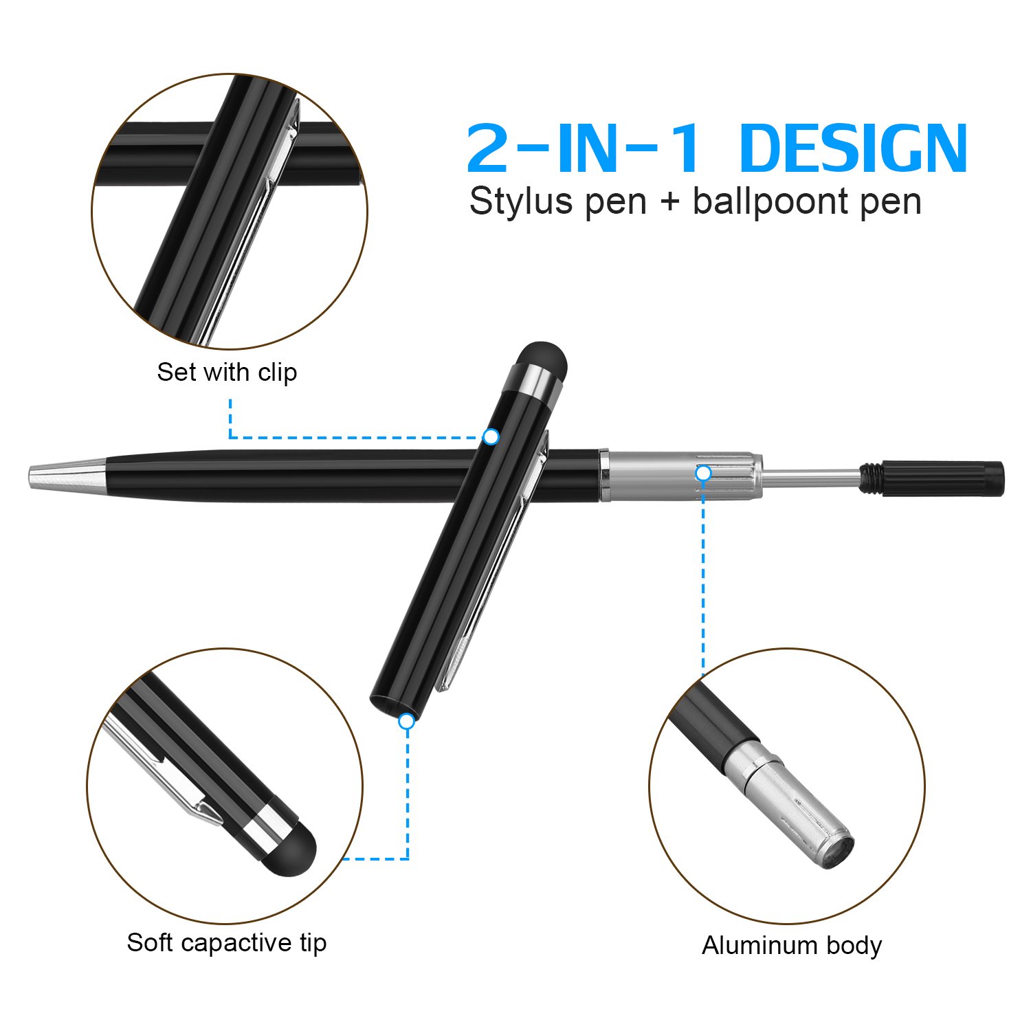 Stylus Pen,Proking 2 in 1 Capacitive Stylus Ballpoint Pen for Universal Touch Screens Devices Stylus Pens for iPad,iPhone,Kindle,Samsung,HTC,Tablets (Black,White)