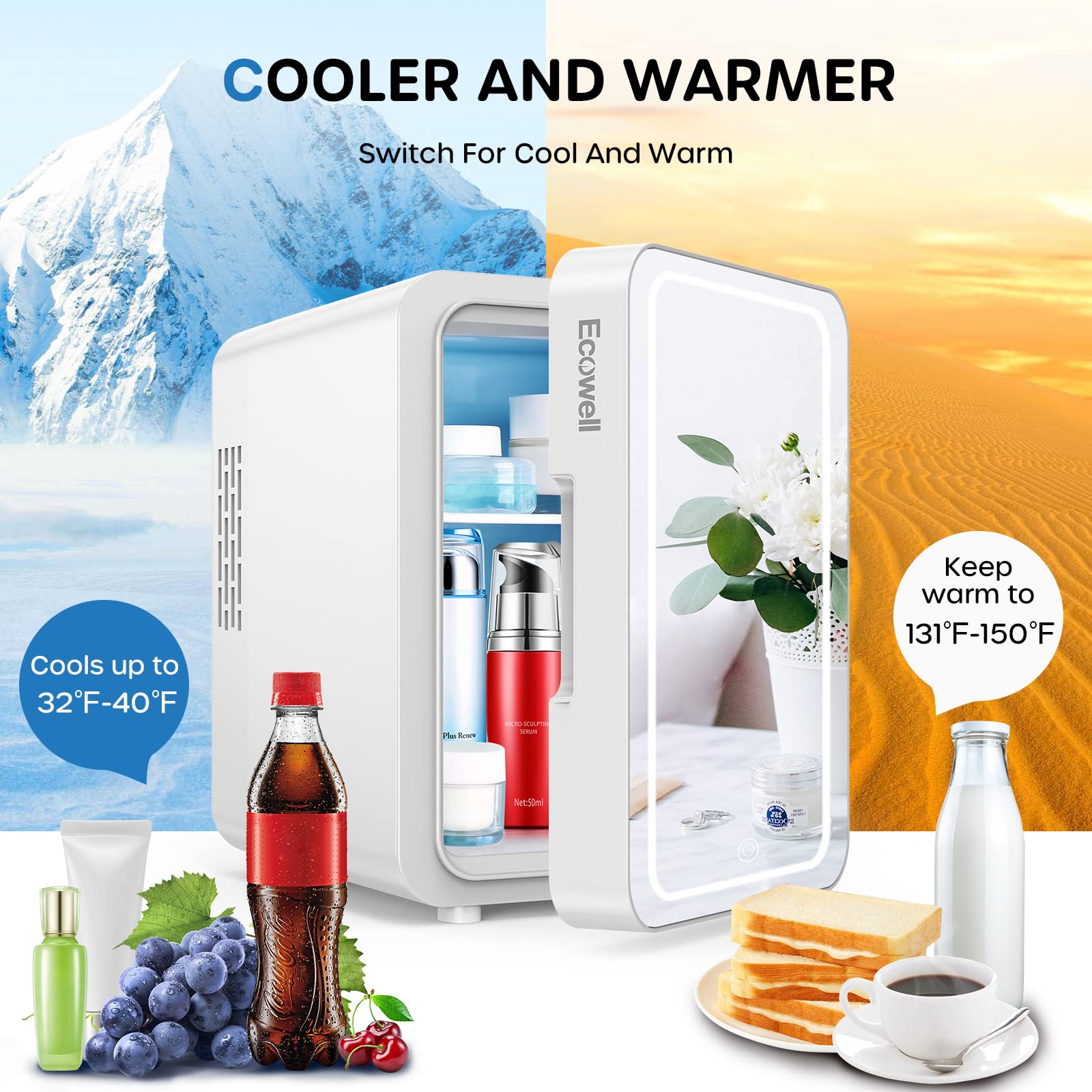 ECOWELL Skin care Fridge, Mini Fridge for Bedroom, 4L with LED Mirror for Makeup Cosmetic Beauty, portable Refrigerator for Office Dorm Car, Cooler & Warmer, AC & DC, White