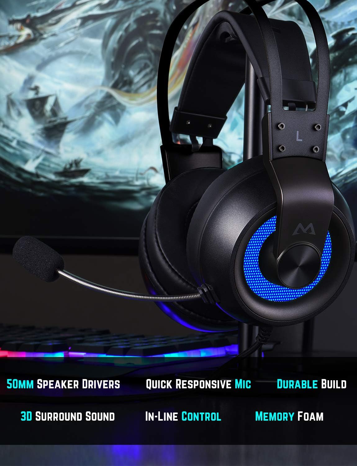 Mpow EG3 pro Gaming Headset with 3D Surround Sound, PS4 Xbox One Headset with Noise Cancelling Mic, Gaming Chat Headset, Over-Ear Gaming Headphones for PC, Xbox 1, PS4, Nintendo Switch: Electronics