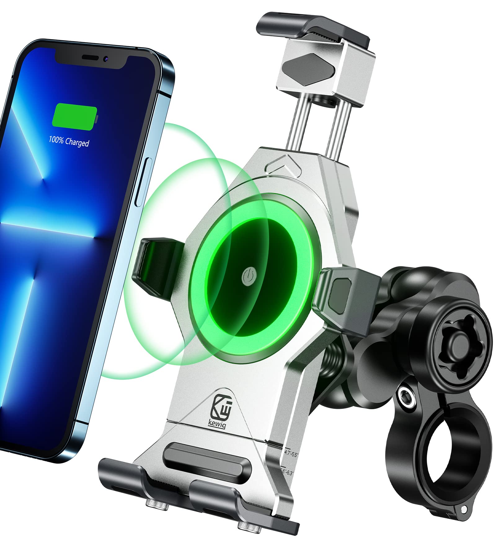 KEWIG Anti-Theft Waterproof Motorcycle Mobile Phone Holder 15 W Wireless with Vibration Damper, One-Push Automatic Lock and Quick Release