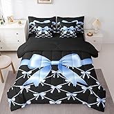 Feelyou Blue Bow 7 Piece Bedding Set Cute Ribbon Bow Comforter Set with Sheets for Kids Boys Girls Black Blue Bed in a Bag Princess Style Bed Set Soft Lightweight