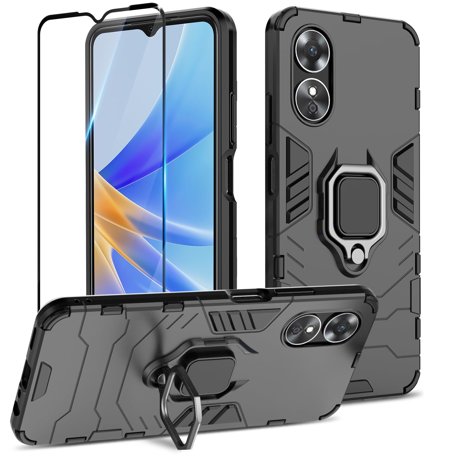 Btstring Case for Oppo A17 4G and Screen Protector Tempered Glass, Heavy Duty Shockproof Case with Stand Protective Tough Armour Personalised Phone Cover Case - Black — image 1