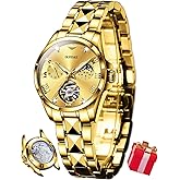 OUPINKE Women Automatic Watches Luxury Diamond Flywheel Two-Tone Stainless Tungsten Steel Band Moon Phase 24 Hours