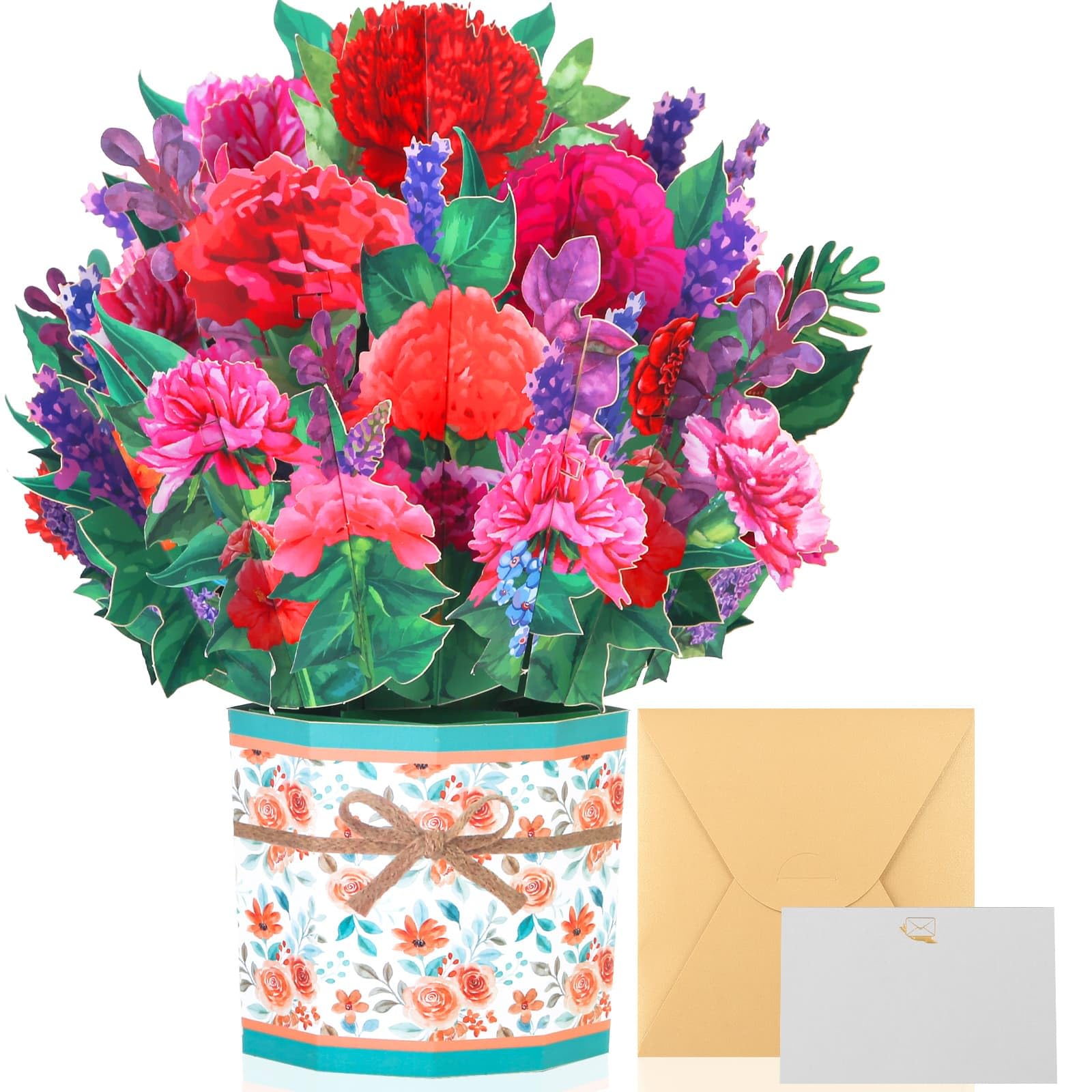 Flower Bouquet card, Handmade 3D Carnation Popup Greeting Cards with Note Card and Envelope for Mother Day Valentine, Christmas, Thanksgiving, Thank You, Boss Day, Get Well, All Occasions 8.5" x 8"