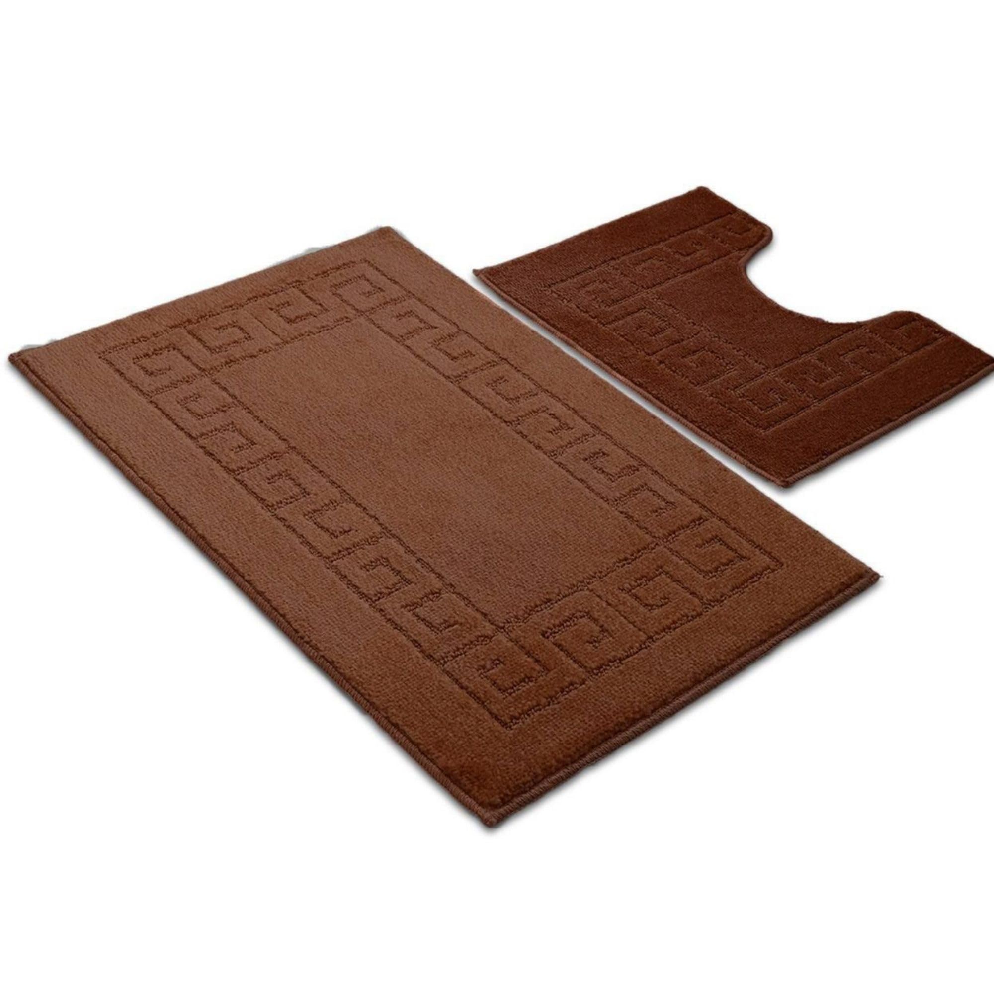 Ambience Products Greek Key Pattern Bath Mats 2 Piece Sets Non Slip Bathroom Mat, Soft Washable Rug Quick Dry Water Absorbent Bathroom Shower Mat & Pedestal Set (Chocolate)
