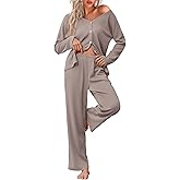 Ekouaer Womens Waffle Knit Pajamas Long Sleeve Lounge Set Button Up Pjs Loungewear with Pockets