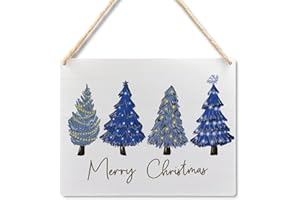 Ryeolo Blue Merry Christmas Wooden Hanging Sign - Blue Christmas Tree Sign, Christmas Porch Front Door Sign, Indoor Christmas Wall Hanging Decor for Bedroom Home,10.2x7.8 Inches (Dark Blue)