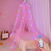 Unicorn Castle Bed Canopy for Girls with Remote Timer Breathable Canopy Bed Curtains with 8 Modes LED Lights Net Canopy for Bed for Girls Room Decor,Pink