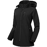 CREATMO US Women's Plus Size Long Softshell Jacket Waterproof Fleece Lined Rain Jacket Lightweight Windbreaker With Hood