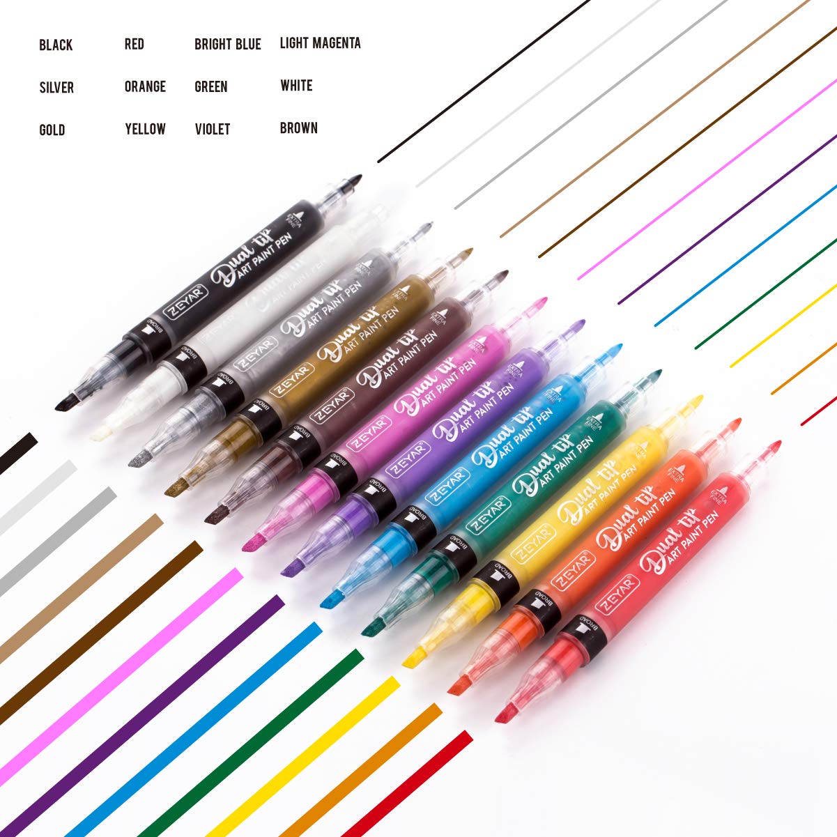 ZEYAR Acrylic Paint Pen, Dual Tip: Board and Extra Fine, 12 Colors, AP Certified, Waterproof Ink, Works on Rock, Wood, Glass, Metal, Ceramic and More (12 Classic Colors)